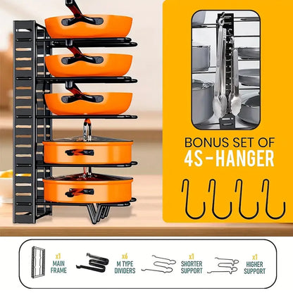 8-Tier Heavy-Duty Pot Rack Organizer – Space-Saving Metal Cabinet Holder for Pots, Pans, and Lids – Keeps Your Kitchen Neat and Tidy