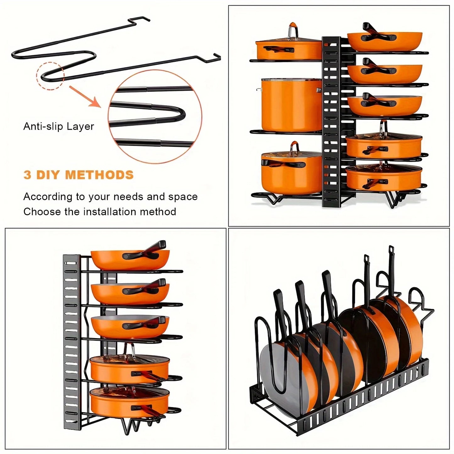 8-Tier Heavy-Duty Pot Rack Organizer – Space-Saving Metal Cabinet Holder for Pots, Pans, and Lids – Keeps Your Kitchen Neat and Tidy