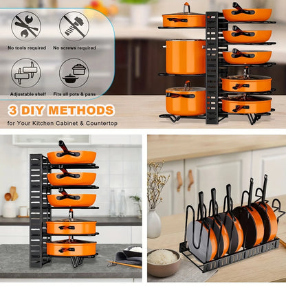 8-Tier Heavy-Duty Pot Rack Organizer – Space-Saving Metal Cabinet Holder for Pots, Pans, and Lids – Keeps Your Kitchen Neat and Tidy