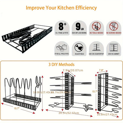 8-Tier Heavy-Duty Pot Rack Organizer – Space-Saving Metal Cabinet Holder for Pots, Pans, and Lids – Keeps Your Kitchen Neat and Tidy