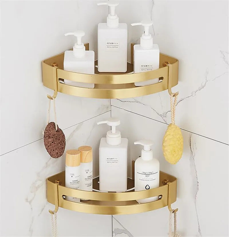 Wall-Mounted Corner Shelf in Brushed Gold Aluminum - Elegant Bath and Shower Shampoo Holder