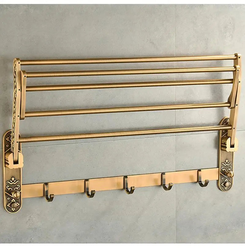 Antique Brass Foldable Aluminum Towel Rack with Hooks – Double Shelf Bathroom Accessory