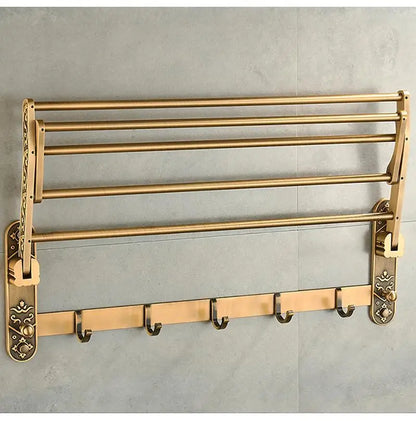 Antique Brass Foldable Aluminum Towel Rack with Hooks – Double Shelf Bathroom Accessory