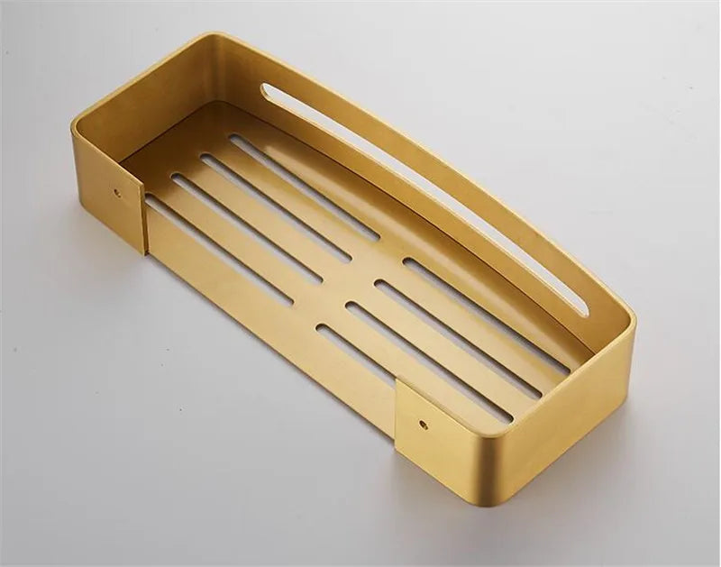 Wall-Mounted Corner Shelf in Brushed Gold Aluminum - Elegant Bath and Shower Shampoo Holder