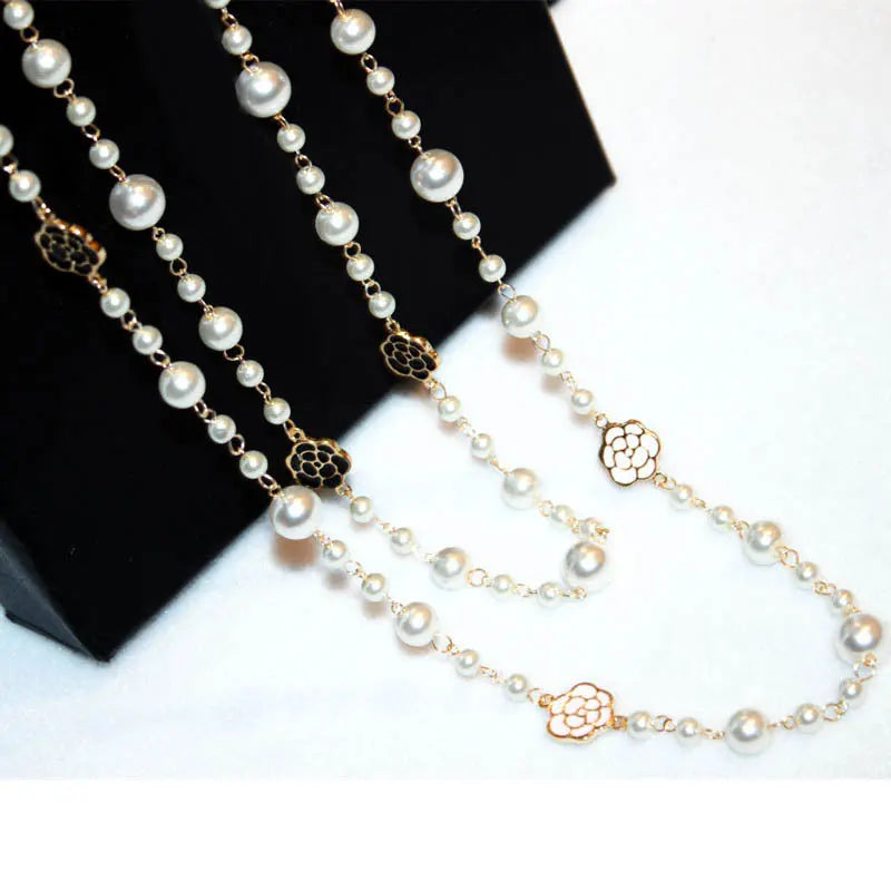 Long Pearl Necklace with Flower Detail - Double Layered Camellia Maxi Necklace for Women, Perfect for Parties and Gifts