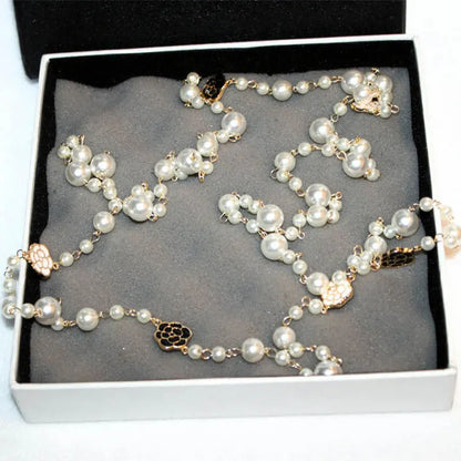 Long Pearl Necklace with Flower Detail - Double Layered Camellia Maxi Necklace for Women, Perfect for Parties and Gifts