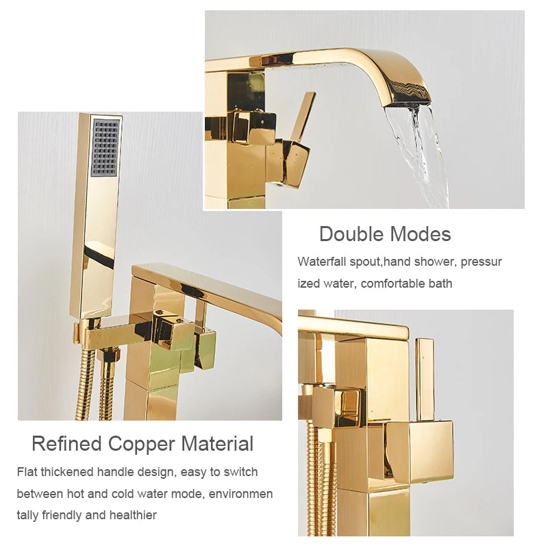 Golden Floor Standing Bathtub Faucet - Brass Waterfall Spout with Hot and Cold Mixer Tap