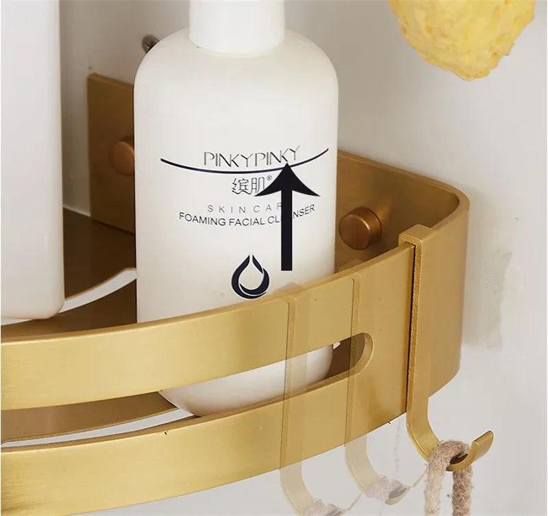 Wall-Mounted Corner Shelf in Brushed Gold Aluminum - Elegant Bath and Shower Shampoo Holder