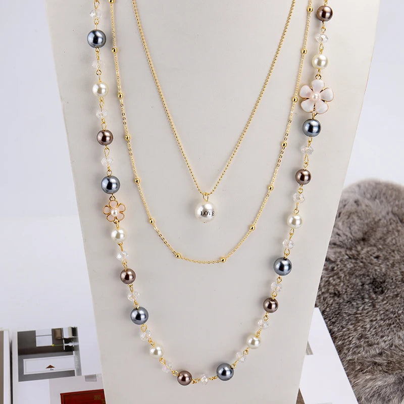 Elegant Long Pearl Necklace with Camellia Flower Pendant – Perfect Bridal and Wedding Gift, Ideal for Sweater Chains