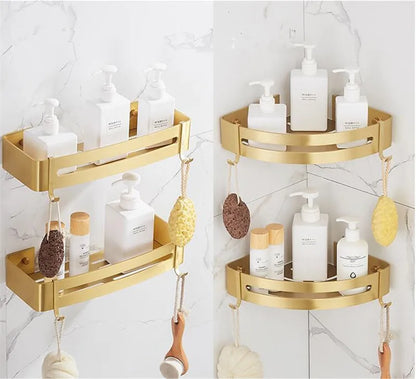 Wall-Mounted Corner Shelf in Brushed Gold Aluminum - Elegant Bath and Shower Shampoo Holder