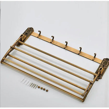 Antique Brass Foldable Aluminum Towel Rack with Hooks – Double Shelf Bathroom Accessory