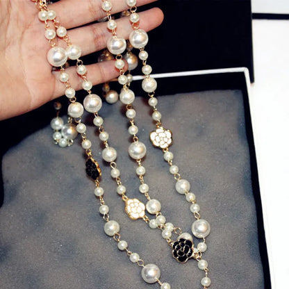 Long Pearl Necklace with Flower Detail - Double Layered Camellia Maxi Necklace for Women, Perfect for Parties and Gifts