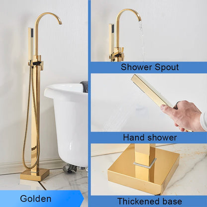 Golden Floor Standing Bathtub Faucet - Brass Waterfall Spout with Hot and Cold Mixer Tap