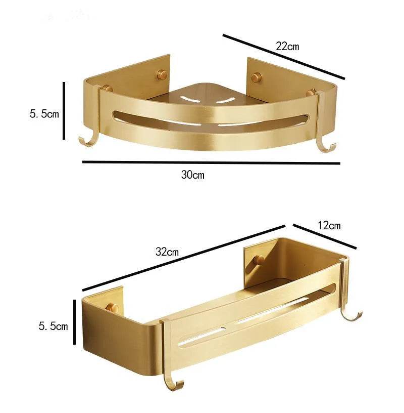 Wall-Mounted Corner Shelf in Brushed Gold Aluminum - Elegant Bath and Shower Shampoo Holder