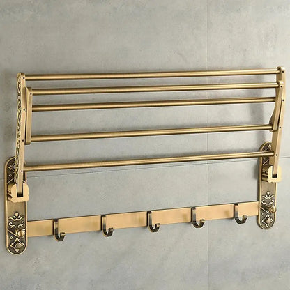 Antique Brass Foldable Aluminum Towel Rack with Hooks – Double Shelf Bathroom Accessory