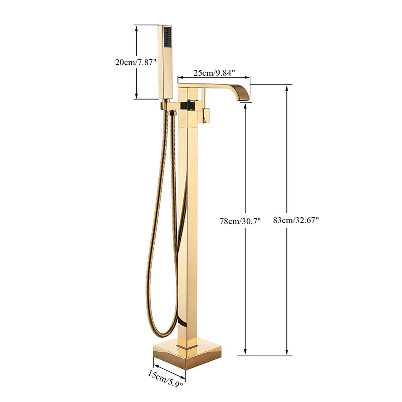 Golden Floor Standing Bathtub Faucet - Brass Waterfall Spout with Hot and Cold Mixer Tap