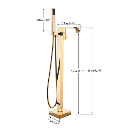 Golden Floor Standing Bathtub Faucet - Brass Waterfall Spout with Hot and Cold Mixer Tap