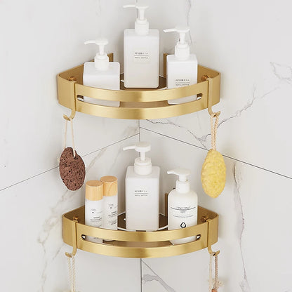 Wall-Mounted Corner Shelf in Brushed Gold Aluminum - Elegant Bath and Shower Shampoo Holder