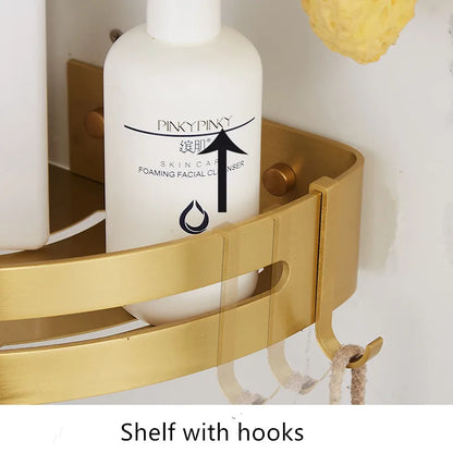 Wall-Mounted Corner Shelf in Brushed Gold Aluminum - Elegant Bath and Shower Shampoo Holder