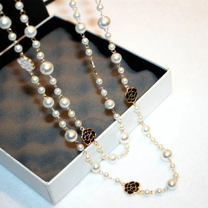 Long Pearl Necklace with Flower Detail - Double Layered Camellia Maxi Necklace for Women, Perfect for Parties and Gifts