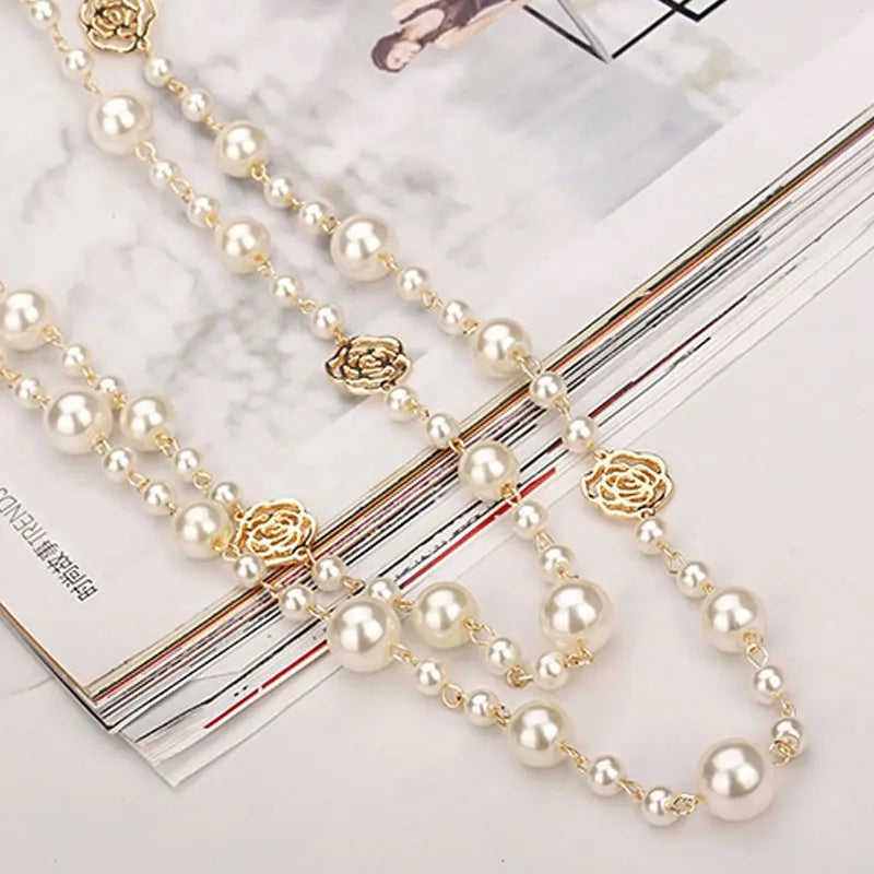 Elegant Double-Layer Camellia Pearl Necklace for Women with Rose Flower Pendant – Long Sweater Chain