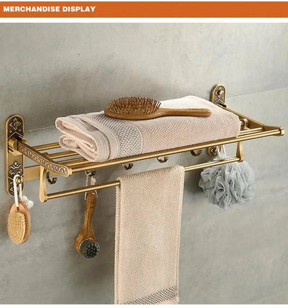 Antique Brass Foldable Aluminum Towel Rack with Hooks – Double Shelf Bathroom Accessory