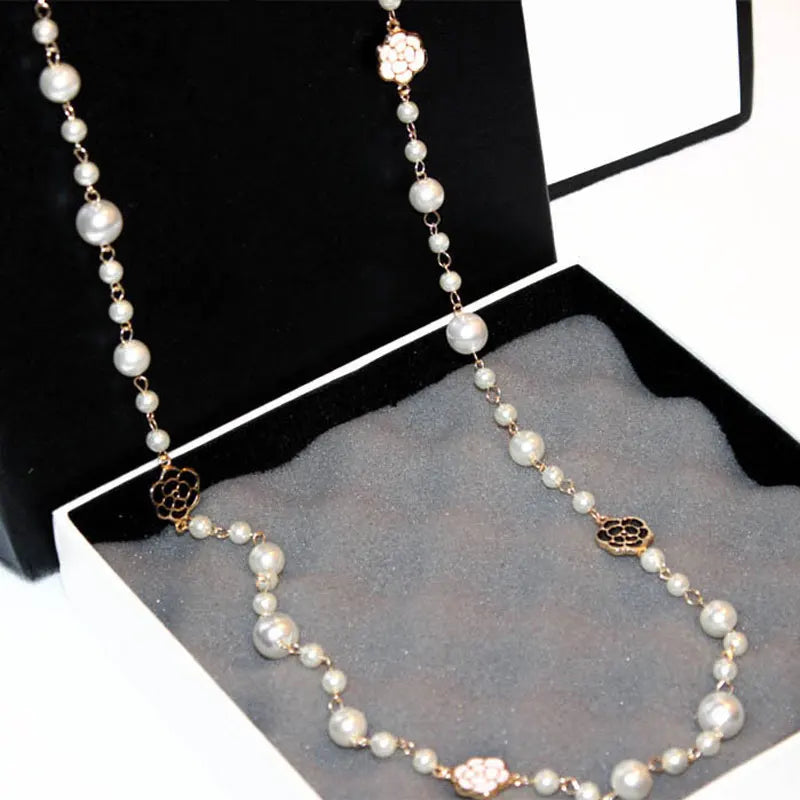 Long Pearl Necklace with Flower Detail - Double Layered Camellia Maxi Necklace for Women, Perfect for Parties and Gifts