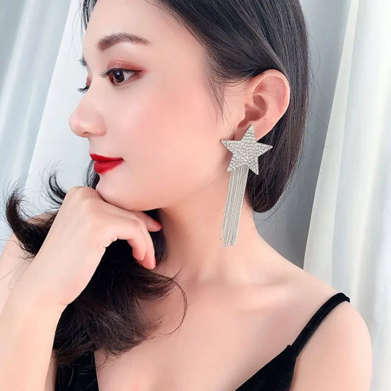 Spicy Europe Fashion: Advanced Rhinestone Pentagram Star Long Tassel Earrings with Chain Detail