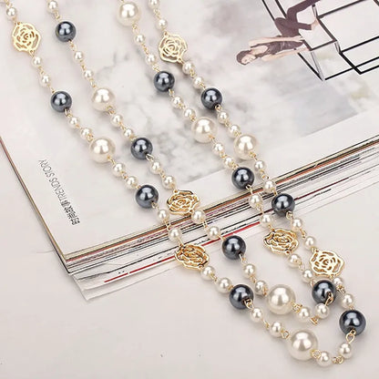 Elegant Double-Layer Camellia Pearl Necklace for Women with Rose Flower Pendant – Long Sweater Chain