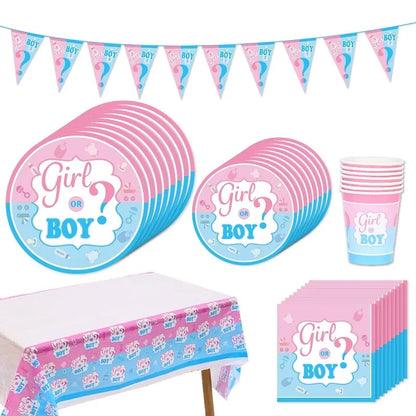 Gender Reveal Party Decoration Kit – 'Boy or Girl' Balloon Banner with Disposable Tableware and Baby Shower Balloons