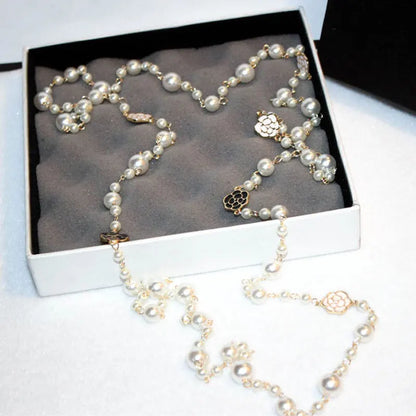 Long Pearl Necklace with Flower Detail - Double Layered Camellia Maxi Necklace for Women, Perfect for Parties and Gifts