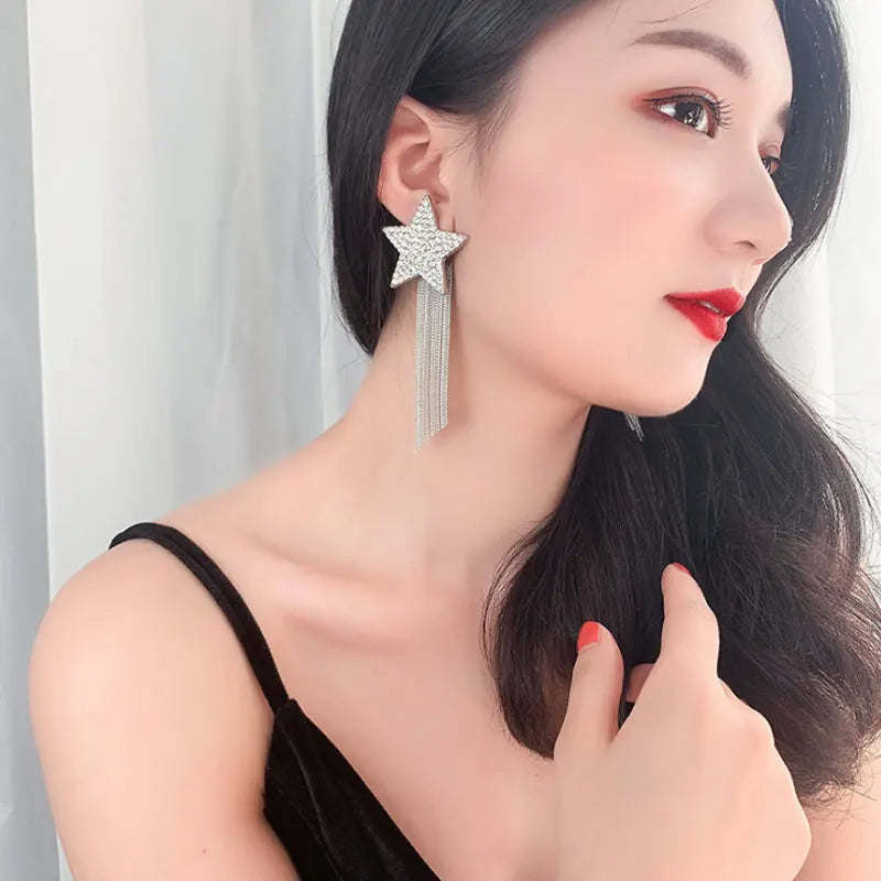 Spicy Europe Fashion: Advanced Rhinestone Pentagram Star Long Tassel Earrings with Chain Detail