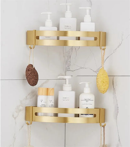 Wall-Mounted Corner Shelf in Brushed Gold Aluminum - Elegant Bath and Shower Shampoo Holder