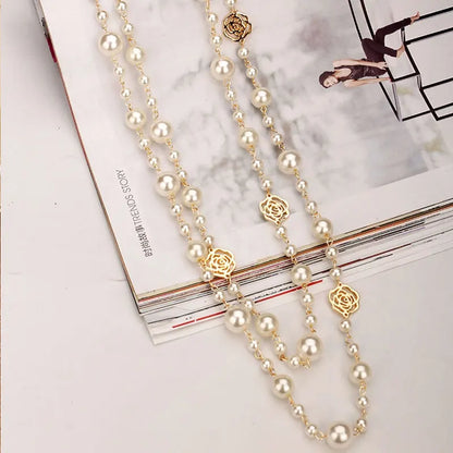 Elegant Double-Layer Camellia Pearl Necklace for Women with Rose Flower Pendant – Long Sweater Chain