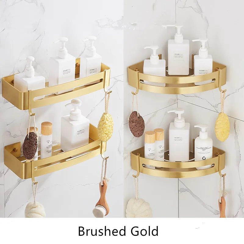 Wall-Mounted Corner Shelf in Brushed Gold Aluminum - Elegant Bath and Shower Shampoo Holder