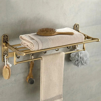 Antique Brass Foldable Aluminum Towel Rack with Hooks – Double Shelf Bathroom Accessory