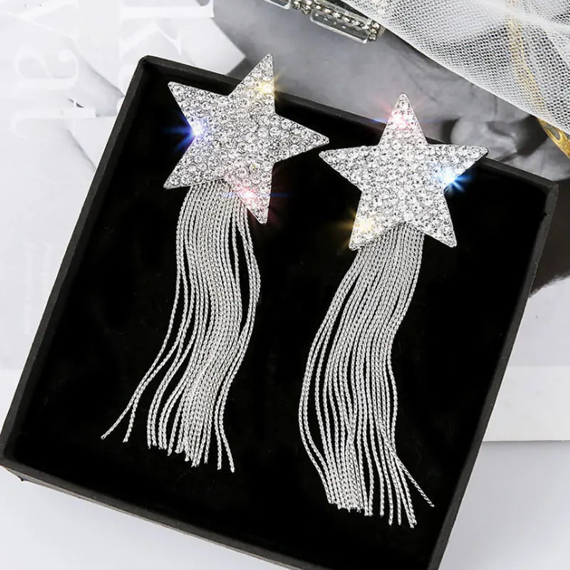 Spicy Europe Fashion: Advanced Rhinestone Pentagram Star Long Tassel Earrings with Chain Detail