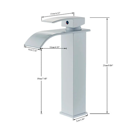 Tall Bathroom Basin Faucet with Waterfall Spout - Deck Mount, Hot & Cold Water Mixer Tap in White Finish