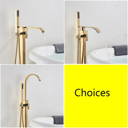 Golden Floor Standing Bathtub Faucet - Brass Waterfall Spout with Hot and Cold Mixer Tap