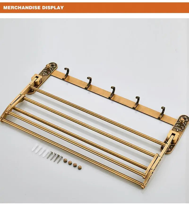 Antique Brass Foldable Aluminum Towel Rack with Hooks – Double Shelf Bathroom Accessory