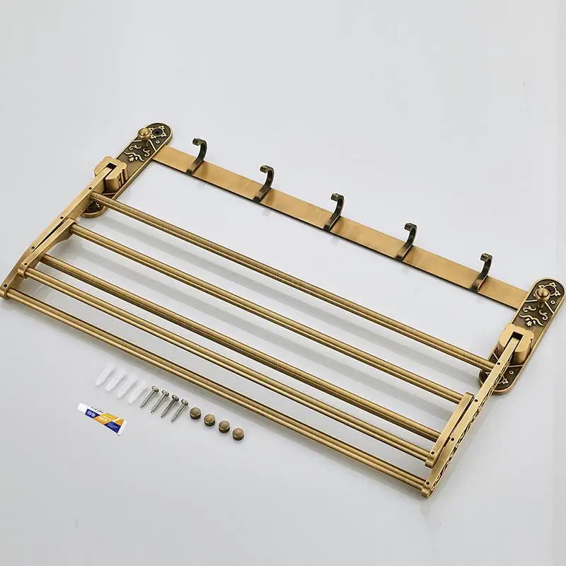 Antique Brass Foldable Aluminum Towel Rack with Hooks – Double Shelf Bathroom Accessory