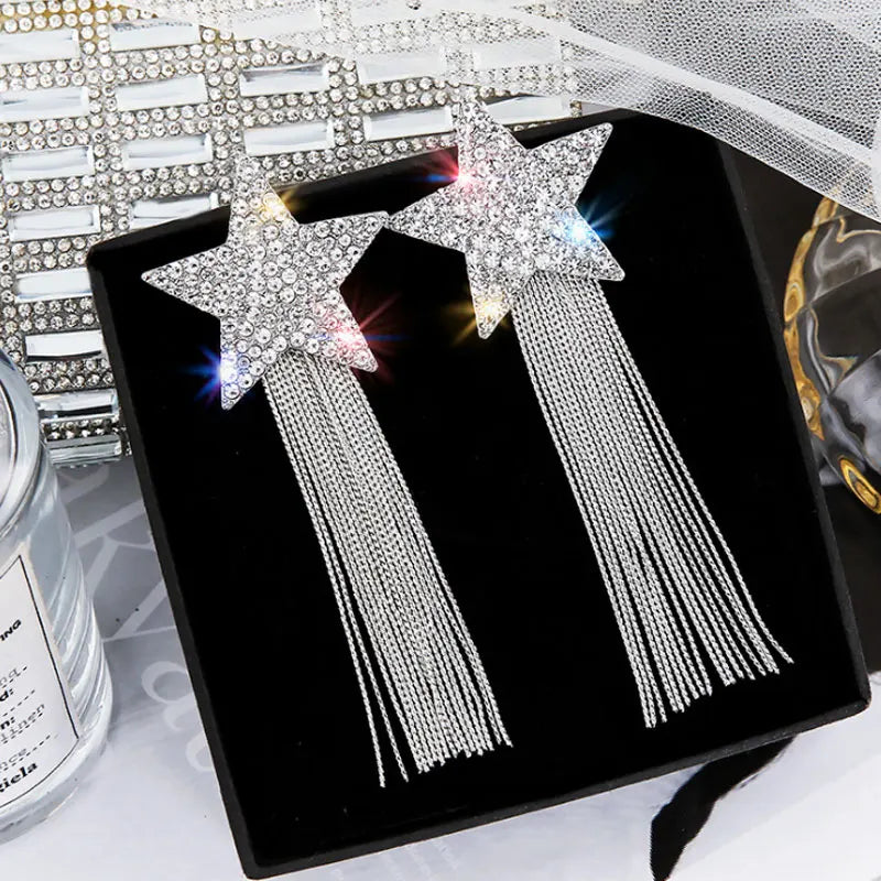 Spicy Europe Fashion: Advanced Rhinestone Pentagram Star Long Tassel Earrings with Chain Detail