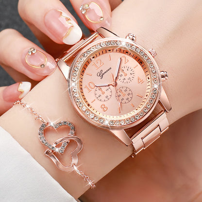 6-Piece Women's Watch Set: Fashionable Rhinestone-Embellished Quartz Watches with Stainless Steel Bands and Double Heart Design (Jewelry Set, No Box Included)