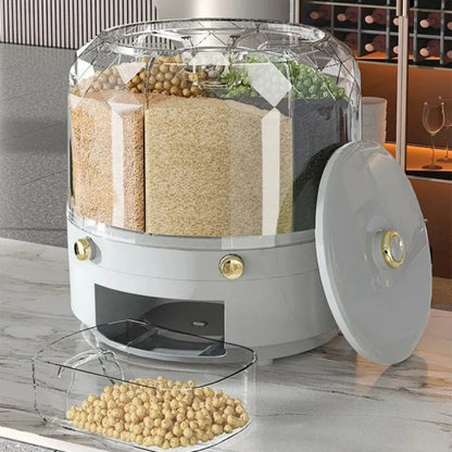 360 Degree Rotating Rice Dispenser - Sealed Dry Cereal Grain Bucket with Moisture-Proof Kitchen Food Container Storage Box