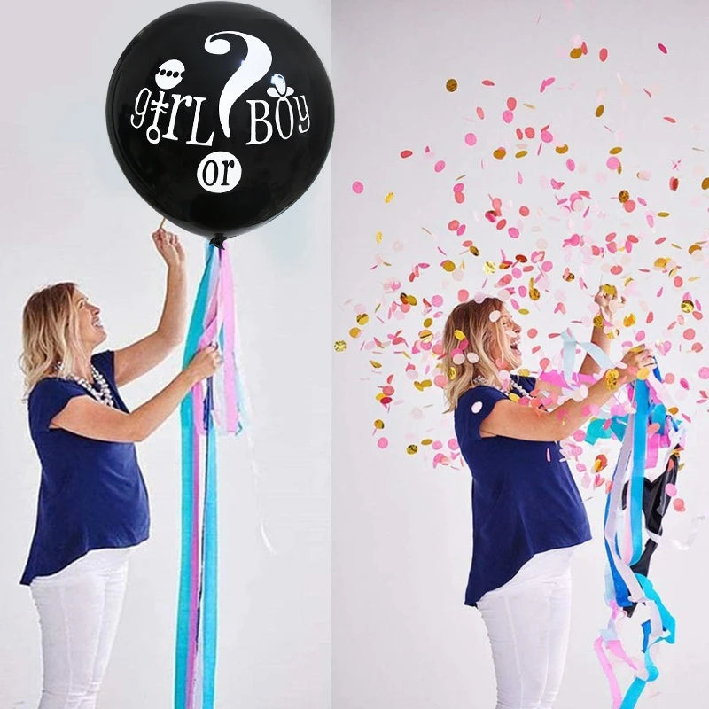 36'' Giant Black Latex Balloon with Blue and Pink Confetti – Perfect for Baby Shower or Gender Reveal Party Decoration