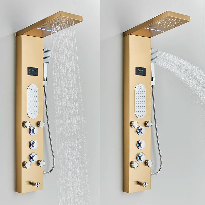 Golden LED Shower Panel with Rainfall Showerhead and Massage Jets - Wall Mounted Stainless Steel Shower Column