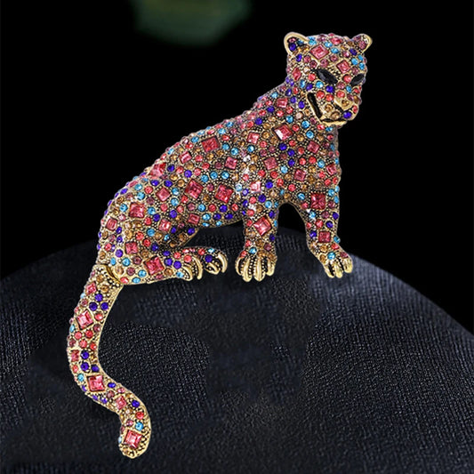 Vintage Rhinestone Leopard Brooches – Colorful Crystal Pins for Men and Women, Fashionable Animal Design, Perfect Gift