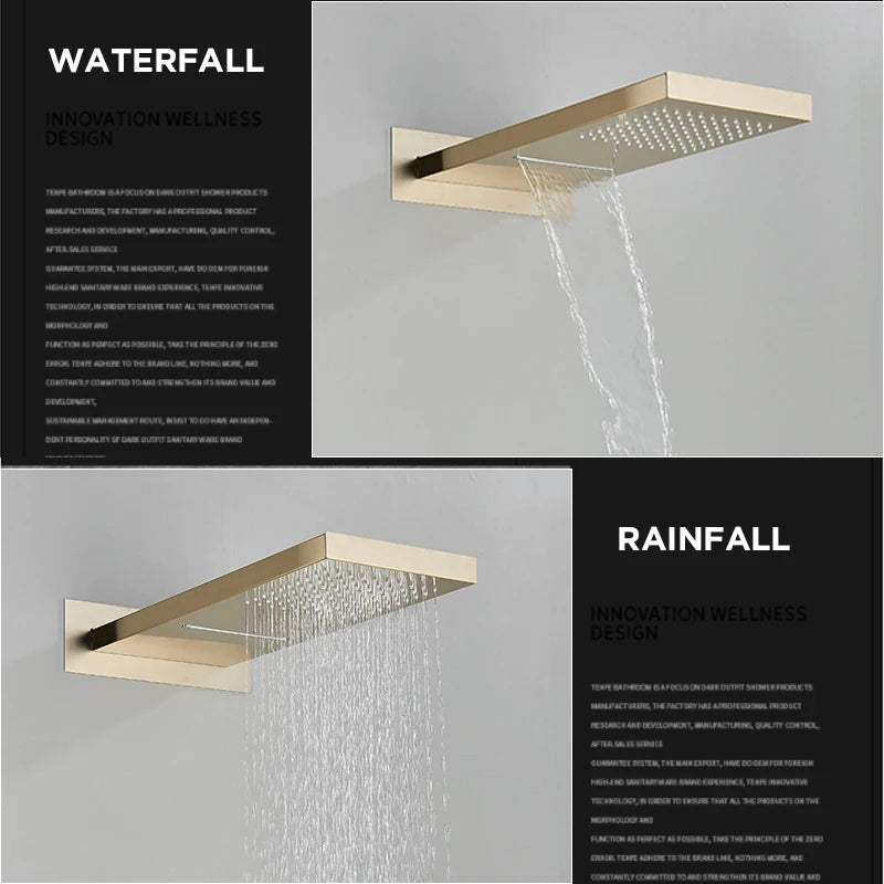 Brushed Golden Thermostatic Shower Faucet Set - Concealed Rainfall & Waterfall Shower System with Triple Handle Control