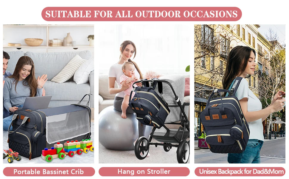 3-in-1 Diaper Bag Backpack with Foldable Baby Bed & USB Charging - Waterproof Travel Bag with Changing Pad