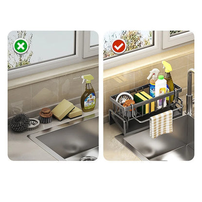 Self-Draining Kitchen Sink Organizer - ABS Plastic Rack with Soap Holder, Sponge Caddy, and Dishcloth Towel Shelf